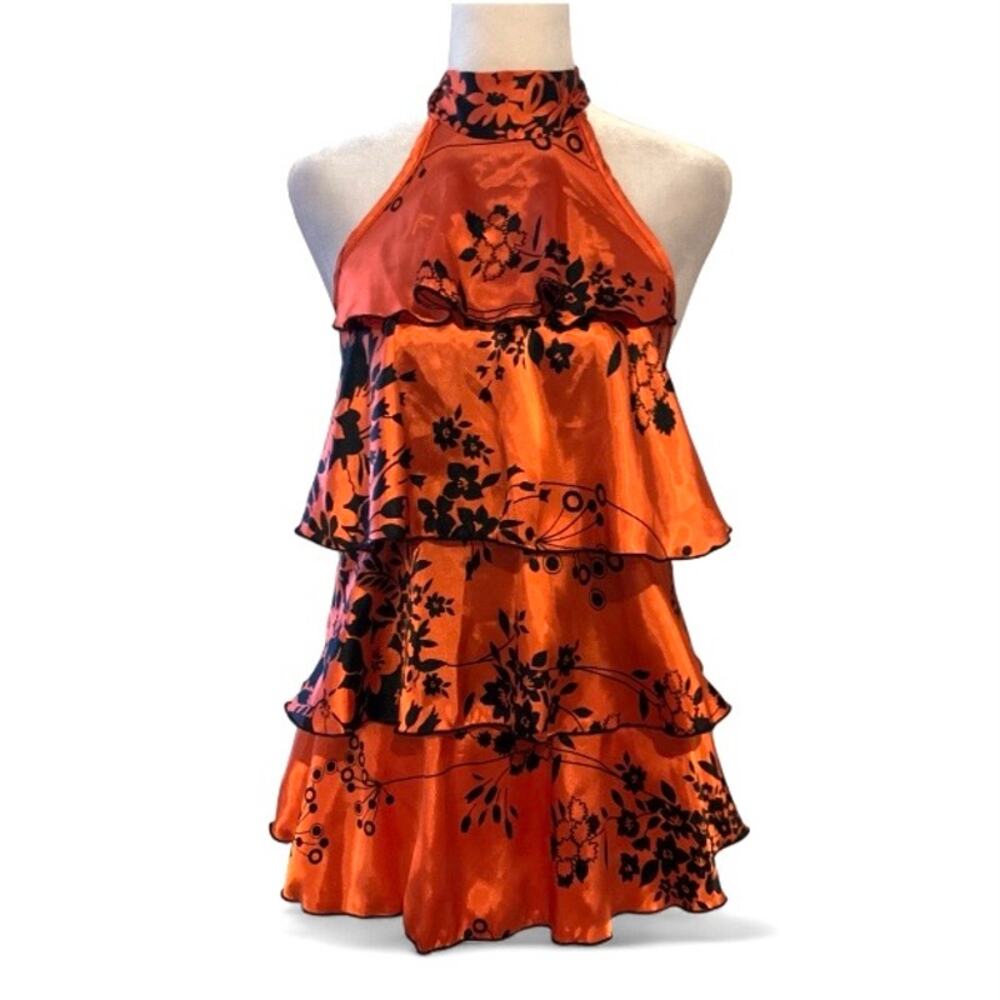 Y2K Early 2000s Orange Black Floral Halter Tank Top – Boho Medium